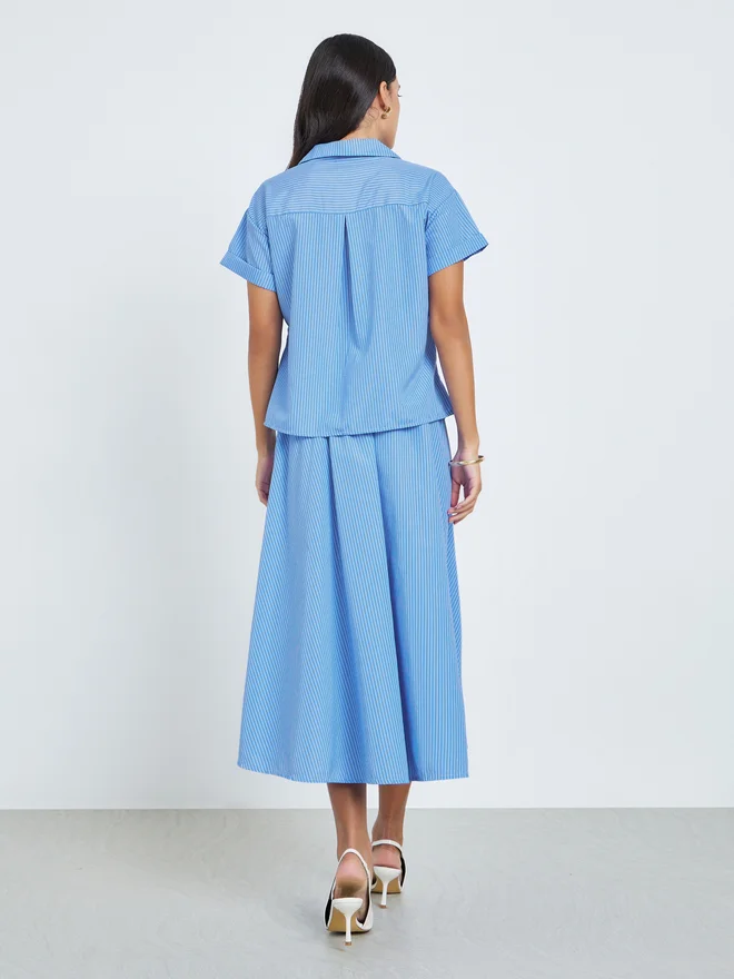 Styli  Styli Blue Striped Shirt and Midi Skirt Co-ords  | Best Price UAE