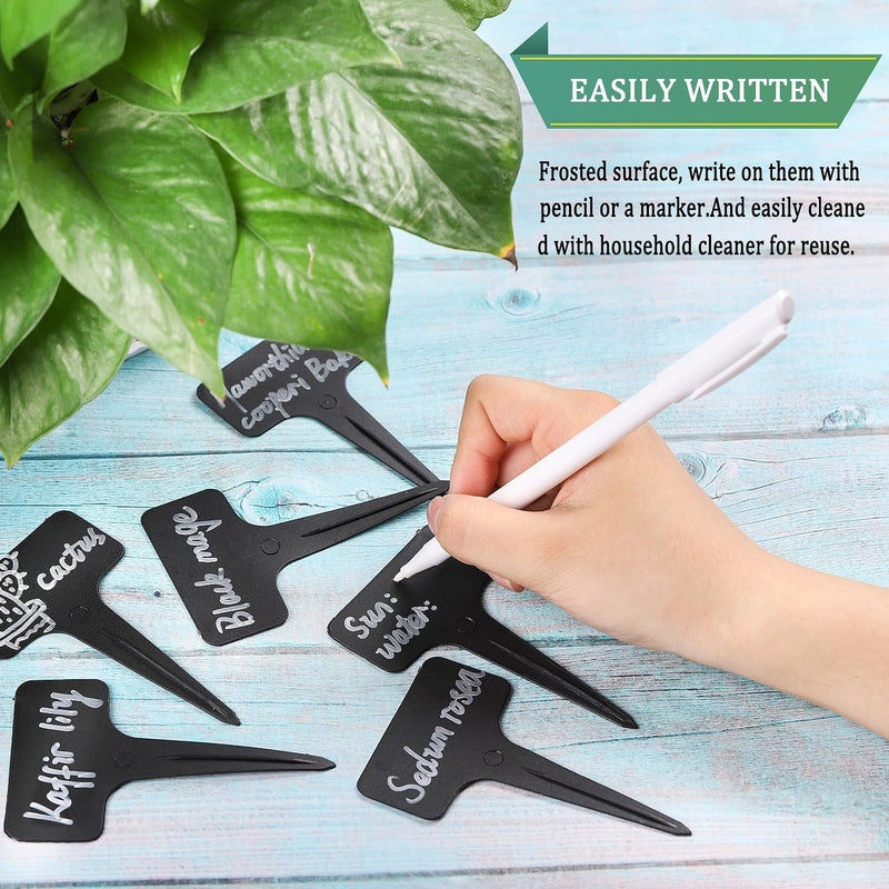 Whaline 100 Pcs Plastic Plant Labels Black T-Type Garden Stake Tags Waterproof Plant Markers Reusable Plant Signs for Outdoor Indoor Nursery Potted Plants Seed with A White Marker Pen (6 x 10 cm) - Image 5