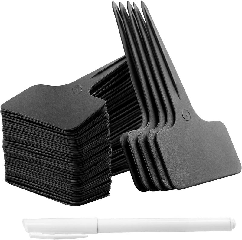Whaline 100 Pcs Plastic Plant Labels Black T-Type Garden Stake Tags Waterproof Plant Markers Reusable Plant Signs for Outdoor Indoor Nursery Potted Plants Seed with A White Marker Pen (6 x 10 cm) - Image 1