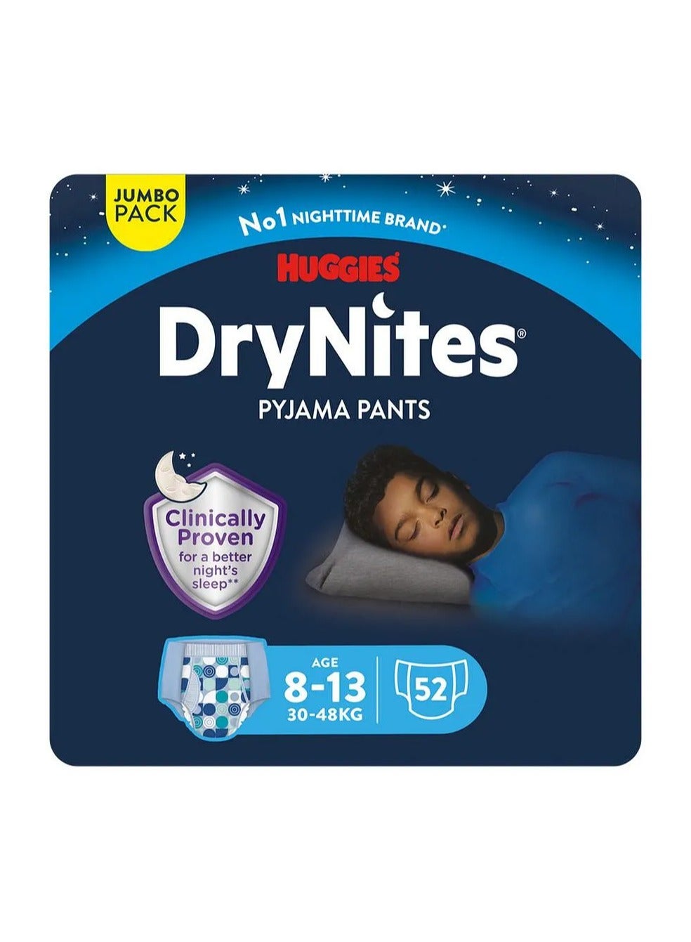 Huggies DryNites Pyjama Pants Teen, 52 Pieces Jumbo Pack, For Boys Age 8-13, 30-48 kg - Night-Time Protection, Super Absorbent, 5 Layers, Leak Free
