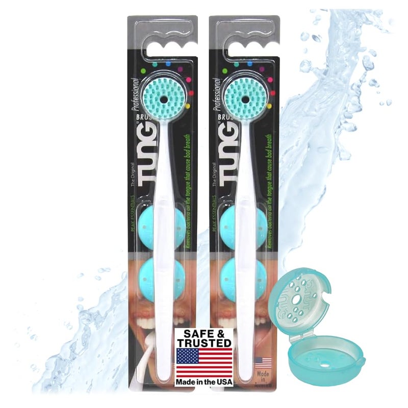 Peak Essentials The Original TUNG Brush Tung Plastic Tongue Scraper with Protective Caps, Tongue Brush, Tongue Cleaner for Adults, Scrubber, Plastic, Fight Bad Breath and Halitosis | Tongue Scraper Cleaner, Made in America, 2-Pack w/Cap  - Image 1
