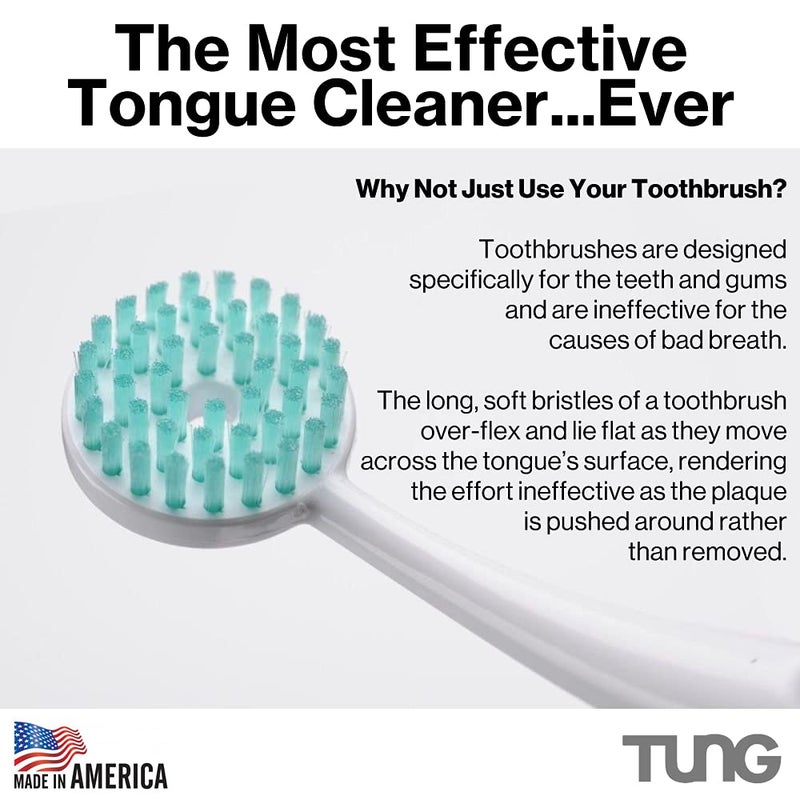 Peak Essentials The Original TUNG Brush Tung Plastic Tongue Scraper with Protective Caps, Tongue Brush, Tongue Cleaner for Adults, Scrubber, Plastic, Fight Bad Breath and Halitosis | Tongue Scraper Cleaner, Made in America, 2-Pack w/Cap  - Image 3