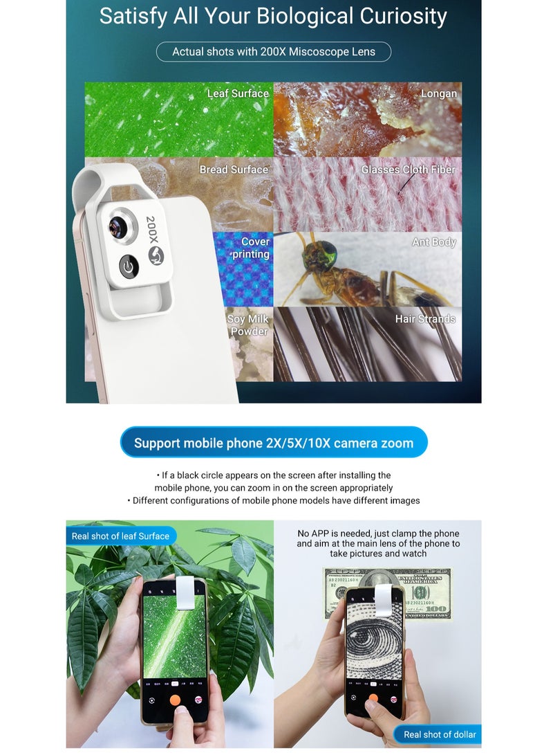 آبيكسل عدسة ميكروسكوب للهاتف المحمول 200X مع عدسة CPL/ضوء LED، مكبر رقمي محمول للطلاب، محدد آثار ميكروسكوبي HD محمول مع مشبك عالمي لمعظم هواتف iPhone/Android، جاهز للاستخدام للتصوير المجهري. - Image 2