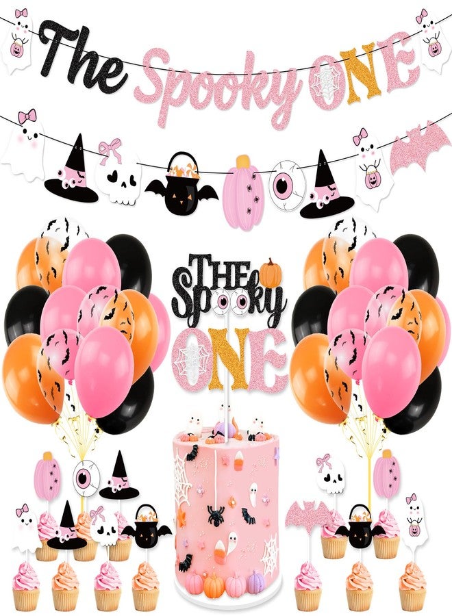 K KUMEED Pink Halloween Party Decorations - Spooky Banner, Ghost Eyeballs, Pumpkin Cake Topper & Latex Balloons for Girls' 1st Birthday - Image 1