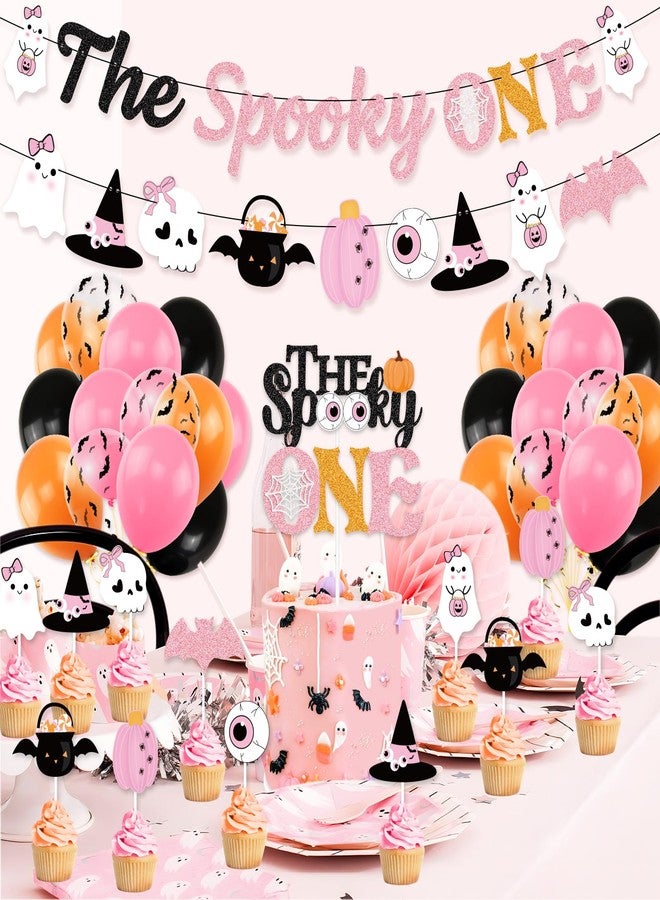 K KUMEED Pink Halloween Party Decorations - Spooky Banner, Ghost Eyeballs, Pumpkin Cake Topper & Latex Balloons for Girls' 1st Birthday - Image 5