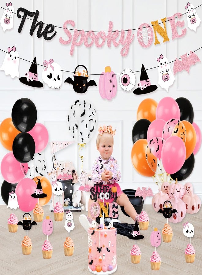 K KUMEED Pink Halloween Party Decorations - Spooky Banner, Ghost Eyeballs, Pumpkin Cake Topper & Latex Balloons for Girls' 1st Birthday - Image 4