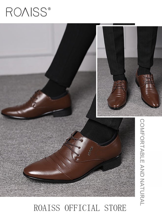 roaiss - Business Formal Leather Shoes for Men Lightweight and Non Slip Pointed Patent Leather Shoes for Office Wedding Business Trip Casual Soft and Breathable Men's Lace up Leather Shoes for Bridegroom - Image 1