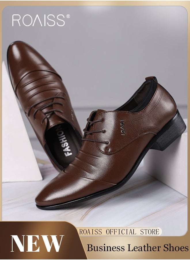 roaiss - Business Formal Leather Shoes for Men Lightweight and Non Slip Pointed Patent Leather Shoes for Office Wedding Business Trip Casual Soft and Breathable Men's Lace up Leather Shoes for Bridegroom - Image 1
