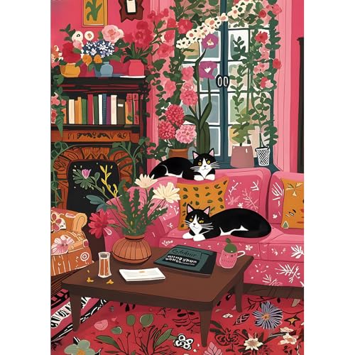 MINIWAN Spring Cozy Room Cat 1000 Piece Puzzle for Adults Fun Puzzles for Adults 1000 Pieces with HD Print Poster 275 197 in Dust Free for Gifts Halloween Christmas Family Games Lovers - Image 1