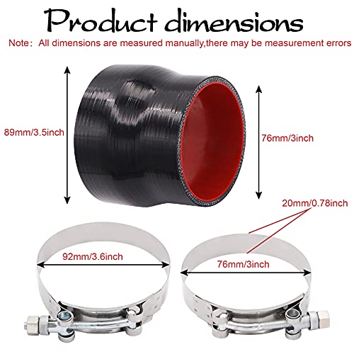TuoLauthon ID 3 to 3-1/2 inches Straight Black Silicone Reducer Coupler with 2 T-Bolt Clamps 4 Layers of Polyester Reinforcement Suitable High Level Turbo Pipe - Image 2