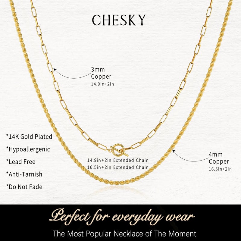 CHESKY 14K Gold Plated Layered Necklaces for Women, Necklaces for Women Trendy Paperclip Rope Chain Necklace Jewelry Necklaces Gift for Her - Image 5