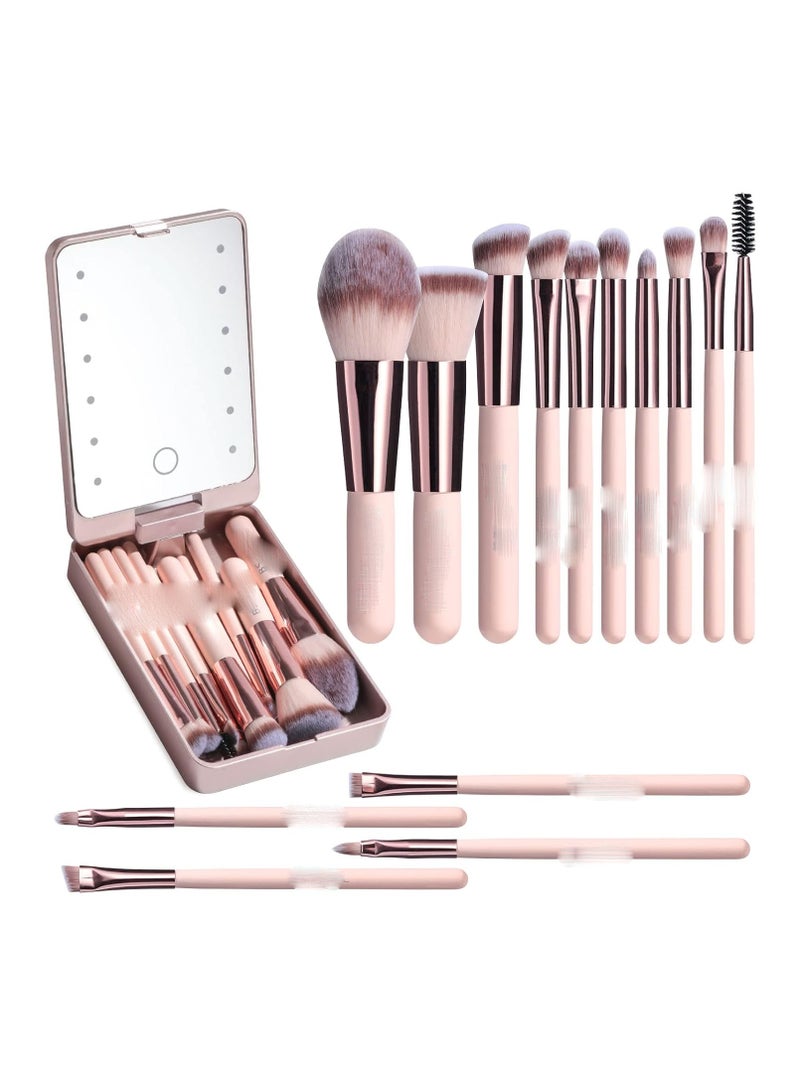 عام مجموعة فرش المكياج للسفر مع مرآة مضيئة LED، 14 قطعة فرش مكياج مصغرة تشمل فرش خافي عيوب، فرش ظلال عيون، ومجموعة مكياج - Image 1