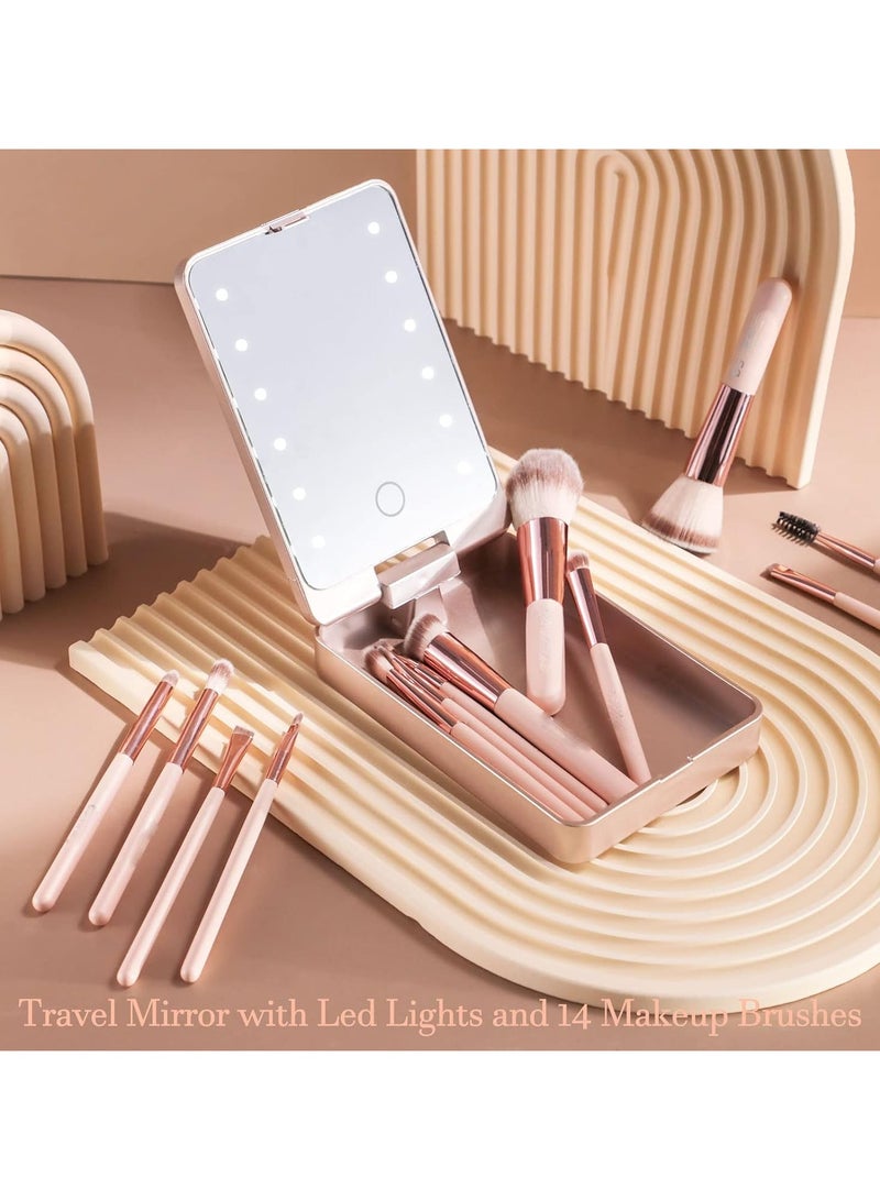 عام مجموعة فرش المكياج للسفر مع مرآة مضيئة LED، 14 قطعة فرش مكياج مصغرة تشمل فرش خافي عيوب، فرش ظلال عيون، ومجموعة مكياج - Image 2