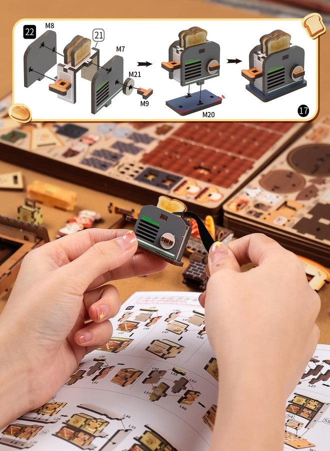 CUTEBEE 3D Wooden Model Building Kit Music Box - DIY Diorama Kit with LED Light, Music, Atomization Smoke, Type-C Power & 360° Rotating Display, Home Decor, Gifts for Teens & Adults (Bread Factory) - Image 4