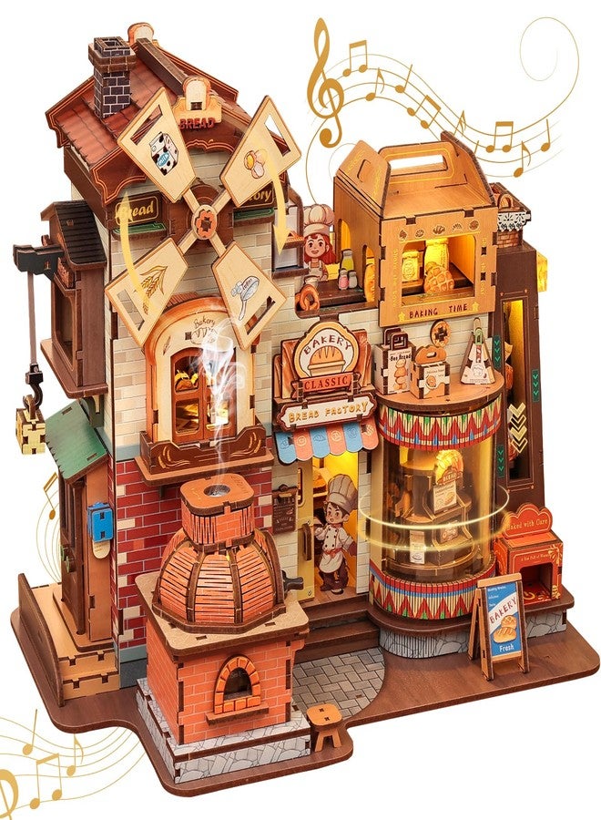 CUTEBEE 3D Wooden Model Building Kit Music Box - DIY Diorama Kit with LED Light, Music, Atomization Smoke, Type-C Power & 360° Rotating Display, Home Decor, Gifts for Teens & Adults (Bread Factory) - Image 1