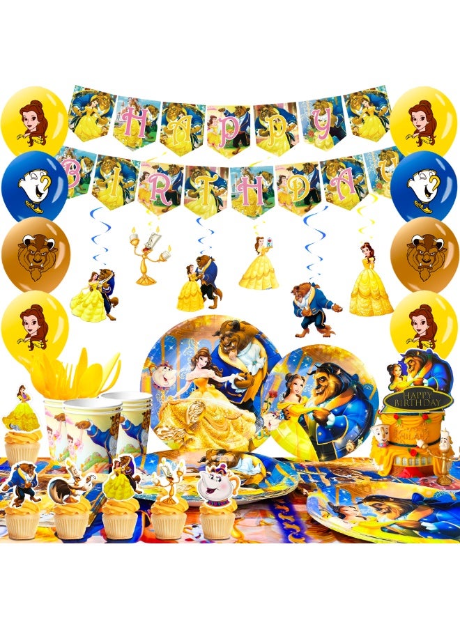FRUITFUL PARTY Beauty and the Beast Birthday Party Decorations for 10 Guests, Princess Belle Disposable Party Tableware Set - Image 1