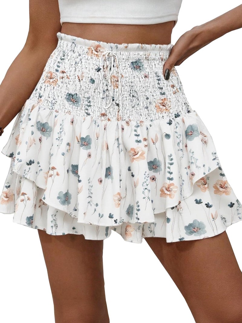 MATEAM Floral Skorts for Woman Ruffle Mini Skirt Running Flowy Athletic Shorts for Women 2026 Spring Trendy Causal Summer Gym Boho Outfits White M - Image 1