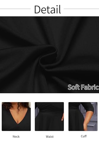 CLOCOR Women's Plus Size Midi Dress 3/4 Sleeve A-Line Swing Dress V Neck Flowy Casual Dresses Black 6X-Large - Image 5