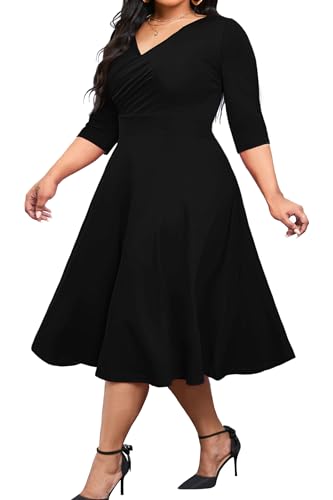 CLOCOR Women's Plus Size Midi Dress 3/4 Sleeve A-Line Swing Dress V Neck Flowy Casual Dresses Black 6X-Large - Image 1