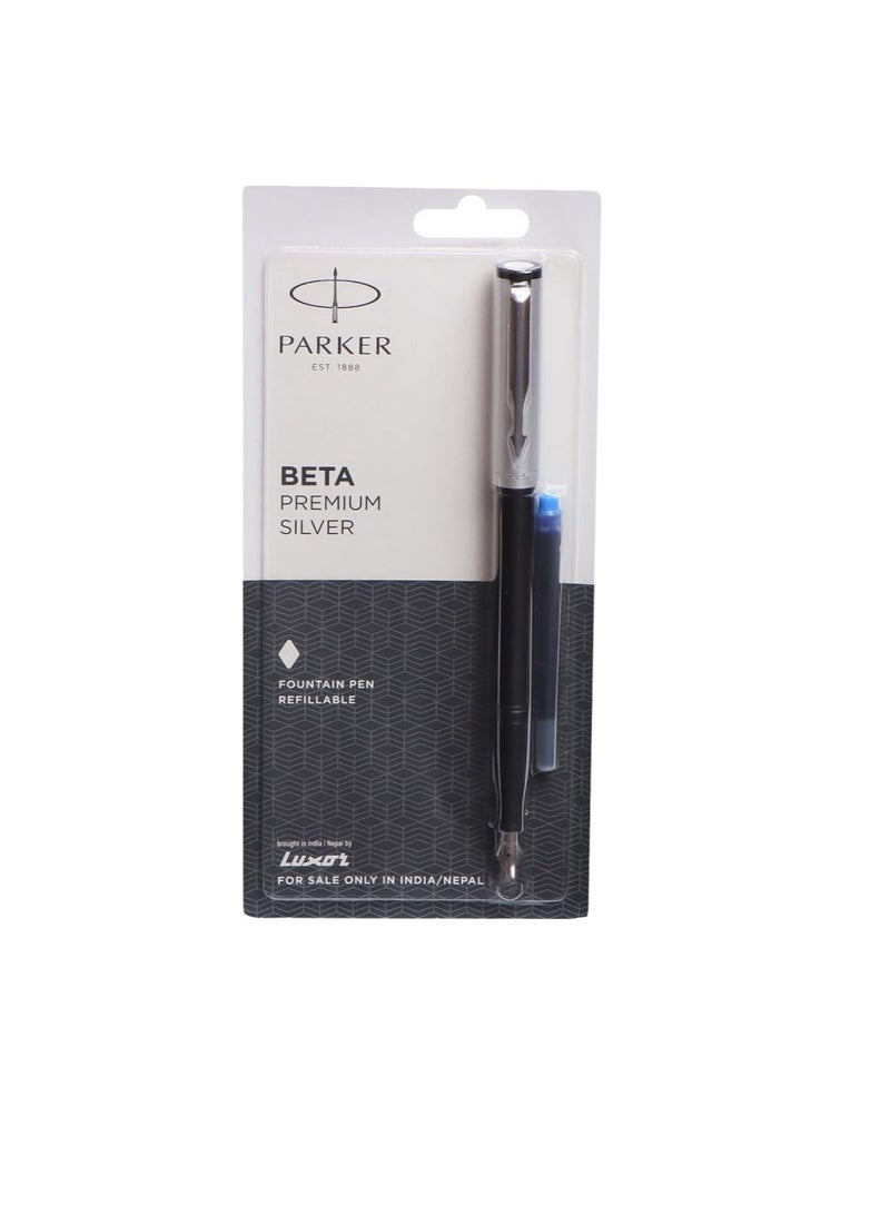 PARKER قلم حبر سائل بيتا بريميوم FP GT مع خرطوشة حبر مجانية (فضي) - Image 1