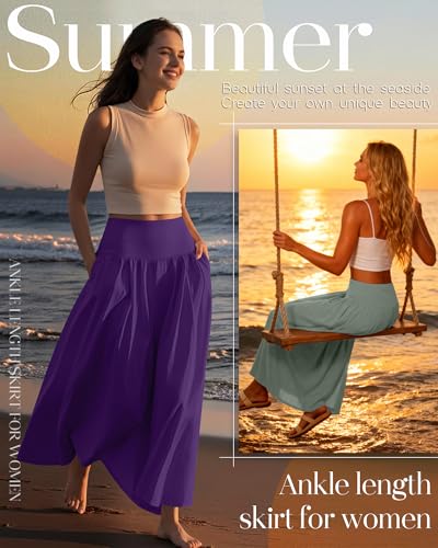 Ficerd 3 Pack Maxi Long Skirts for Women, Ankle Length High Waisted Pleated Flowy a Line Summer Casual Skirts with Pockets(Apricot, Sage Green, Dark Purple,Large) - Image 4