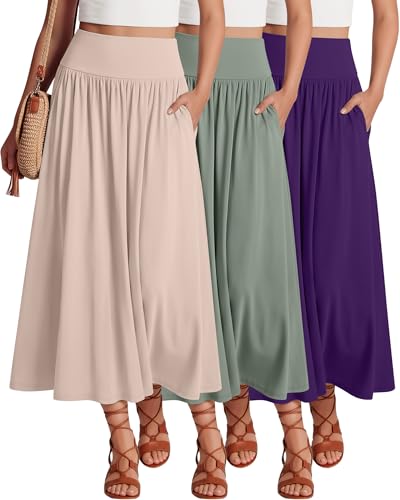Ficerd 3 Pack Maxi Long Skirts for Women, Ankle Length High Waisted Pleated Flowy a Line Summer Casual Skirts with Pockets(Apricot, Sage Green, Dark Purple,Large) - Image 1
