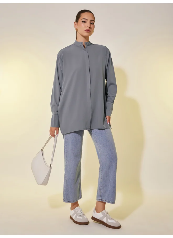 تايك تو Take Two Solid Long Sleeve Oversized Shirt