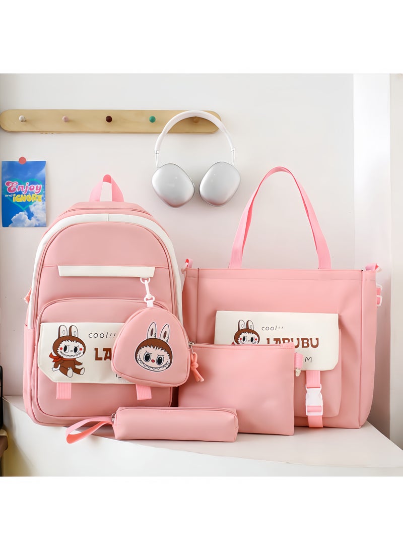 لابوبو حقيبة مدرسية Labubu حقيبة ظهر نسائية لطالبات الجامعات وطلاب المدارس الثانوية حقيبة ظهر جديدة كبيرة السعة لطلاب الفصول الدراسية المكونة من أربع قطع - Image 1