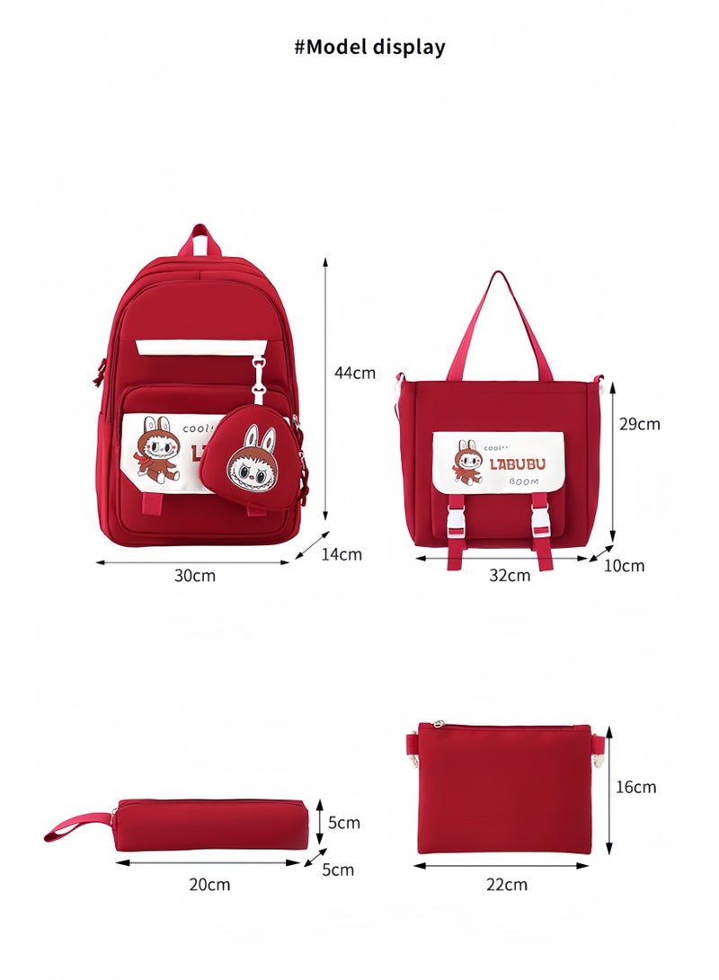 لابوبو حقيبة مدرسية Labubu حقيبة ظهر نسائية لطالبات الجامعات وطلاب المدارس الثانوية حقيبة ظهر جديدة كبيرة السعة لطلاب الفصول الدراسية المكونة من أربع قطع - Image 5