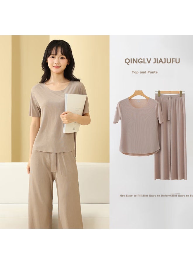 Bejirog Women's Ice Silk Pajamas Summer Home Wear Short Sleeve Set Plus Size Loose Casual Can Be Worn Outside Khaki XL - Image 2
