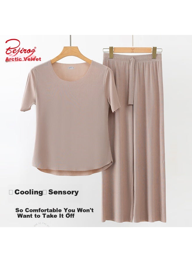 Bejirog Women's Ice Silk Pajamas Summer Home Wear Short Sleeve Set Plus Size Loose Casual Can Be Worn Outside Khaki XL - Image 1