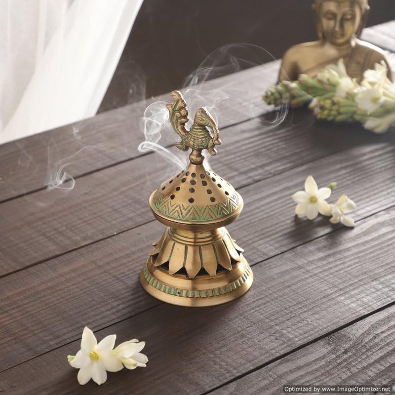 Skywalk Handcrafted Brass Loban Dhoop Dani with Peacock Incense Dhoop Burner for Home Office Temple Prayer (Green) - Image 4
