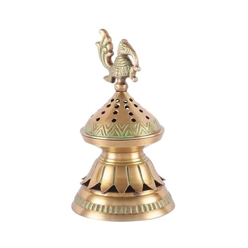 Skywalk Handcrafted Brass Loban Dhoop Dani with Peacock Incense Dhoop Burner for Home Office Temple Prayer (Green) - Image 1