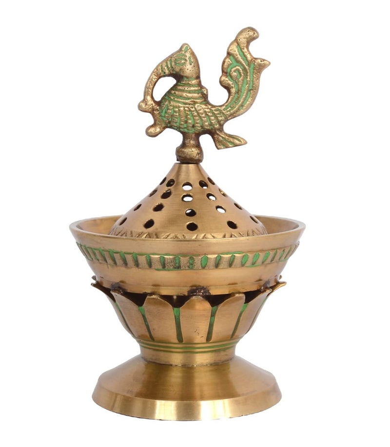 Skywalk Handcrafted Brass Loban Dhoop Dani with Peacock Incense Dhoop Burner for Home Office Temple Prayer (Green) - Image 3