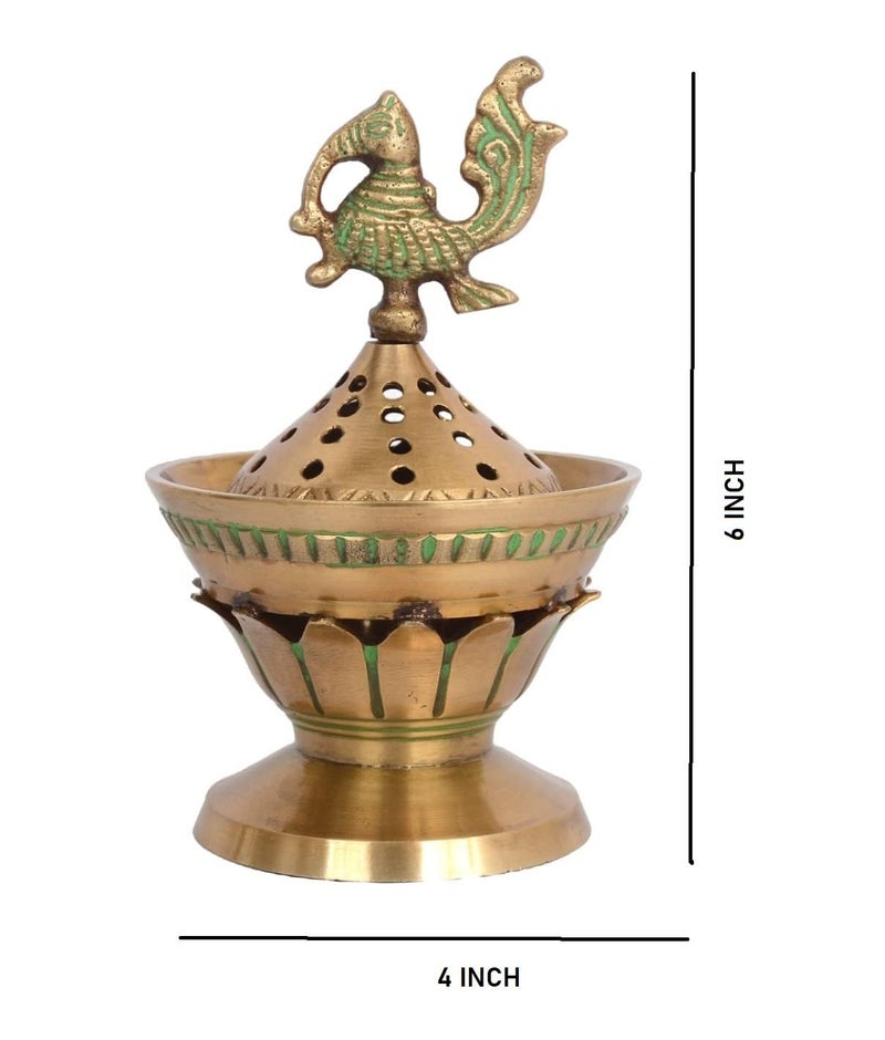 Skywalk Handcrafted Brass Loban Dhoop Dani with Peacock Incense Dhoop Burner for Home Office Temple Prayer (Green) - Image 5