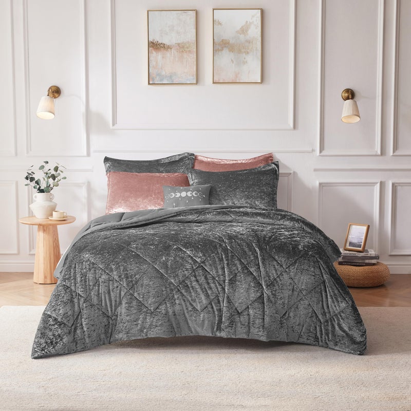 Intelligent Design Queen Duvet Cover Set Velvet Queen Duvet Set Luxury Diamond Quilting Grey Duvet Cover Fluffy Duvet Cover with Decorative Pillow and 2 Shams 4 Pieces Grey FullQueen