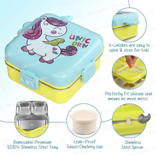 Primalite Kids Unicorn Theme Stainless Steel Bento Lunch Box for School, 3-Compartment, Sauce Jar & a Spoon, Leak-Proof with Seal-Ring Design & Multiple Lock-Design Tiffin, Air-Tight- 1100ML- Sky - Image 3
