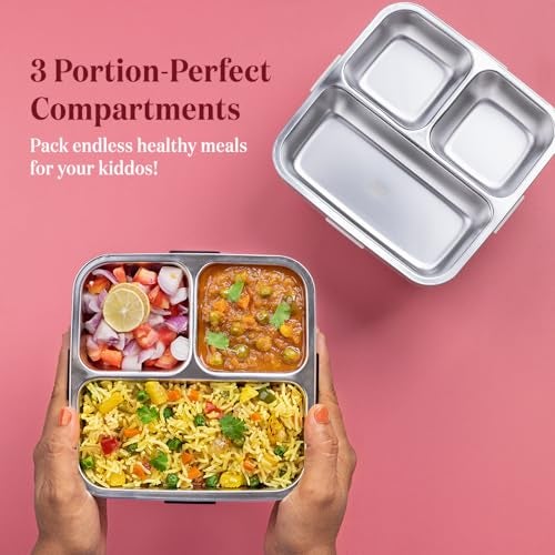 Primalite Kids Unicorn Theme Stainless Steel Bento Lunch Box for School, 3-Compartment, Sauce Jar & a Spoon, Leak-Proof with Seal-Ring Design & Multiple Lock-Design Tiffin, Air-Tight- 1100ML- Sky - Image 4