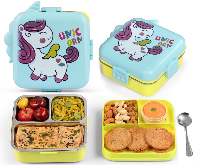 Primalite Kids Unicorn Theme Stainless Steel Bento Lunch Box for School, 3-Compartment, Sauce Jar & a Spoon, Leak-Proof with Seal-Ring Design & Multiple Lock-Design Tiffin, Air-Tight- 1100ML- Sky - Image 1