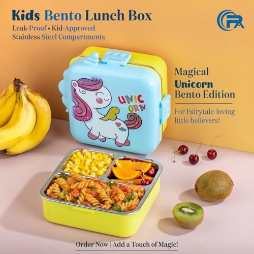 Primalite Kids Unicorn Theme Stainless Steel Bento Lunch Box for School, 3-Compartment, Sauce Jar & a Spoon, Leak-Proof with Seal-Ring Design & Multiple Lock-Design Tiffin, Air-Tight- 1100ML- Sky - Image 2