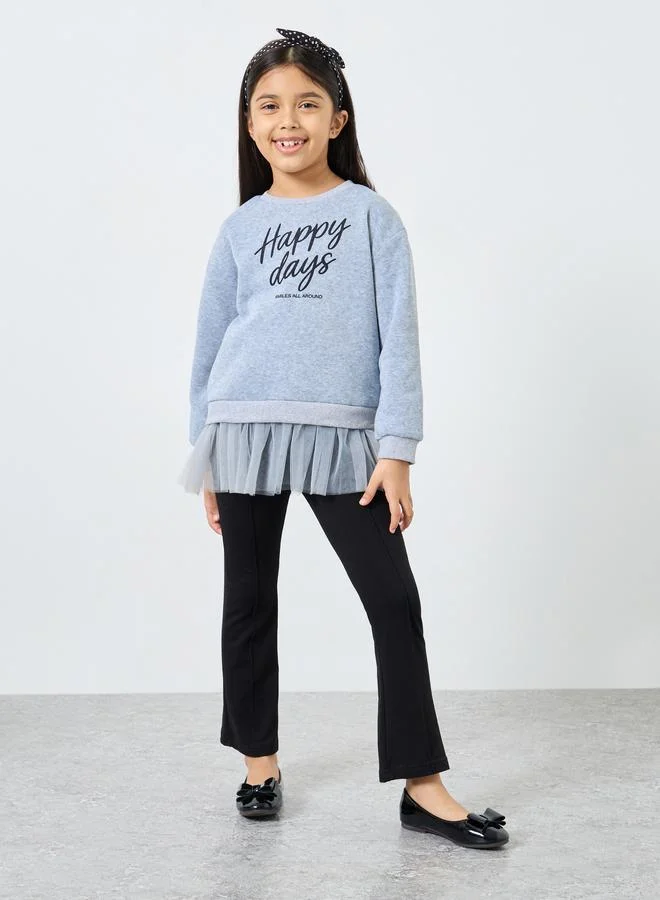 Styli Styli Girls Grey Slogan Print Sweatshirt with Mesh Insert