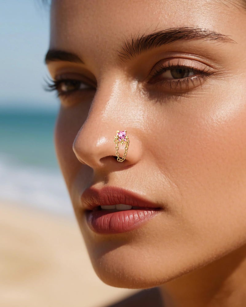 BSJ4U Nose Rings L Shaped for Women Nose Piercings 20G Surgical Stainless Steel Gold Nose Studs Pink CZ Heart Butterfly Flower Cherry Bow Moon Dangle Nose Piercing Jewelry - Image 3