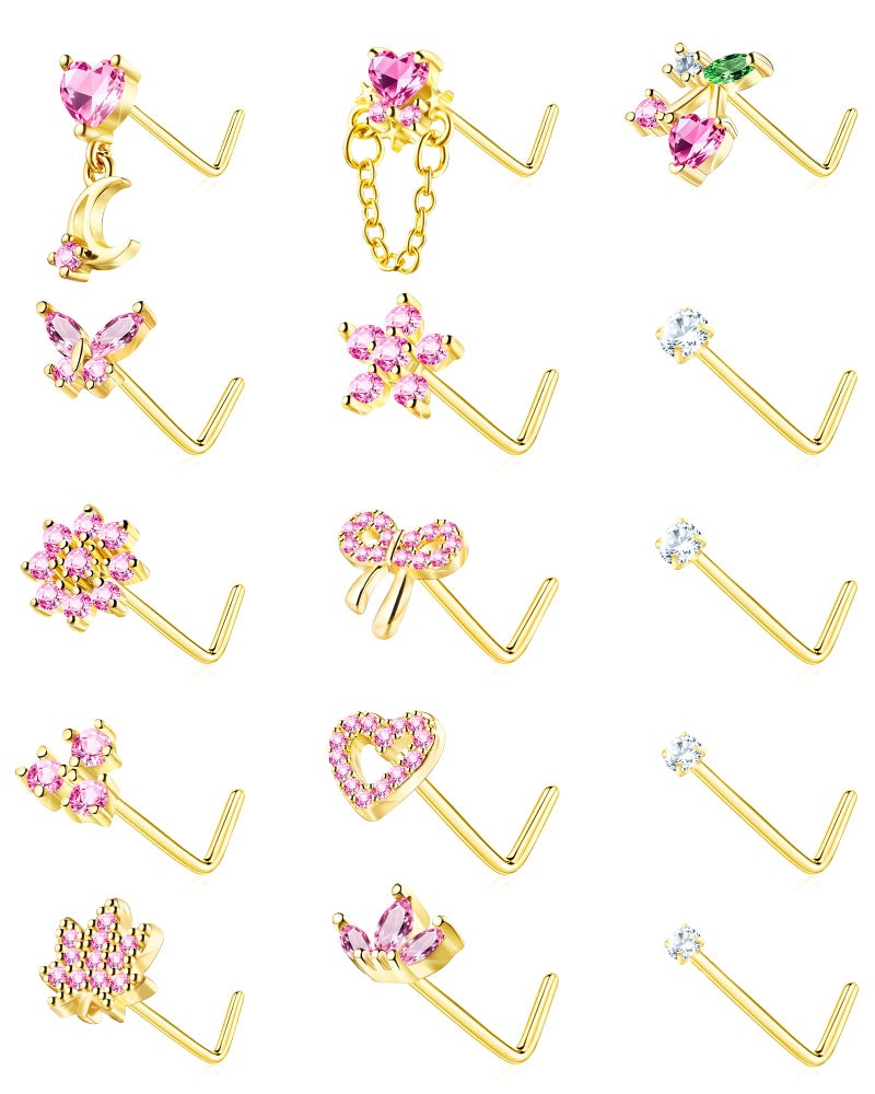 BSJ4U Nose Rings L Shaped for Women Nose Piercings 20G Surgical Stainless Steel Gold Nose Studs Pink CZ Heart Butterfly Flower Cherry Bow Moon Dangle Nose Piercing Jewelry - Image 1