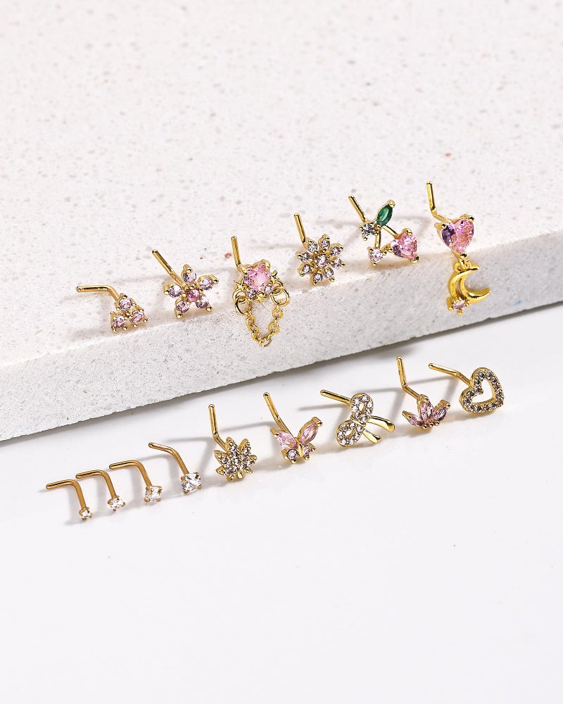 BSJ4U Nose Rings L Shaped for Women Nose Piercings 20G Surgical Stainless Steel Gold Nose Studs Pink CZ Heart Butterfly Flower Cherry Bow Moon Dangle Nose Piercing Jewelry - Image 2