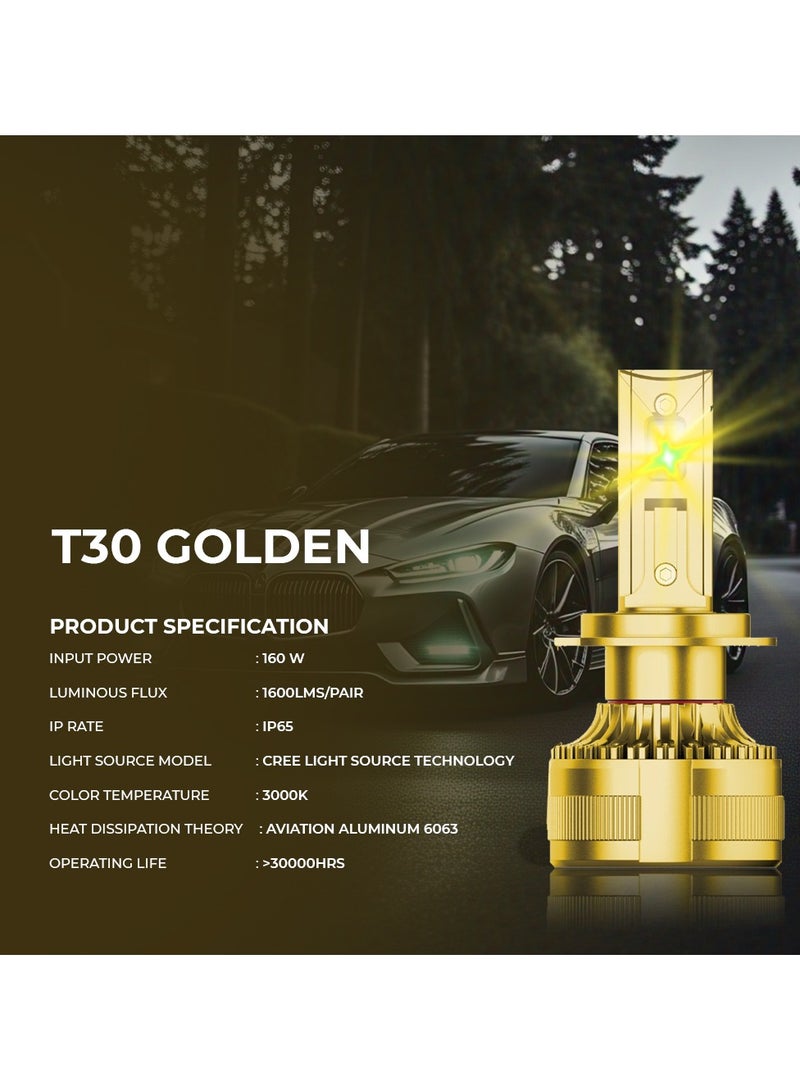 تي بي إٍس ديزاين مصابيح أمامية LED ذهبية T30 من TBS DESIGN بقوة 80 وات لكل لمبة مع 8000 لومن 4300 كلفن لون أصفر طبيعي، ترقية LED طويلة الأمد مقاومة للماء، سهلة التركيب، سطوع فائق وقيادة ليلية آمنة - Image 4
