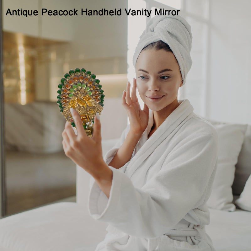 Nerien Vintage Antique Peacock Handheld Vanity Mirror with Comb, Metal Decorative Tabletop Stand, Travel Folding Handle Gift for Women, Bronze - Image 4