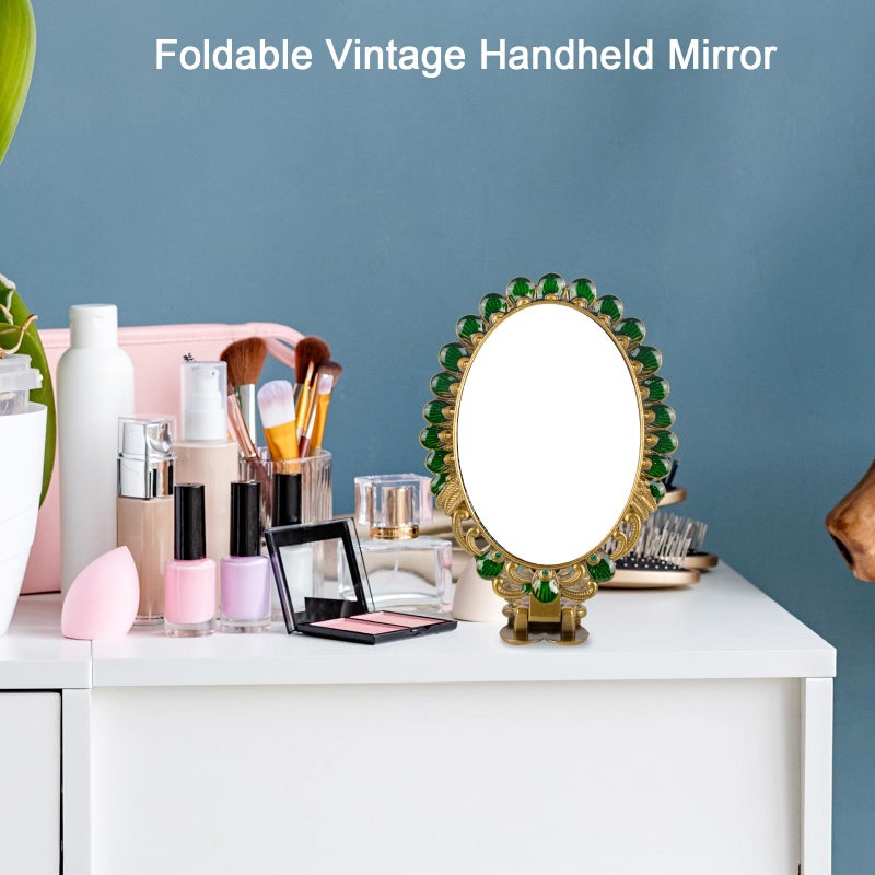 Nerien Vintage Antique Peacock Handheld Vanity Mirror with Comb, Metal Decorative Tabletop Stand, Travel Folding Handle Gift for Women, Bronze - Image 5