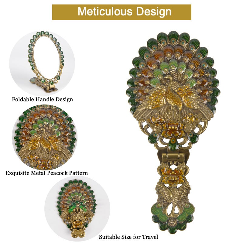 Nerien Vintage Antique Peacock Handheld Vanity Mirror with Comb, Metal Decorative Tabletop Stand, Travel Folding Handle Gift for Women, Bronze - Image 3