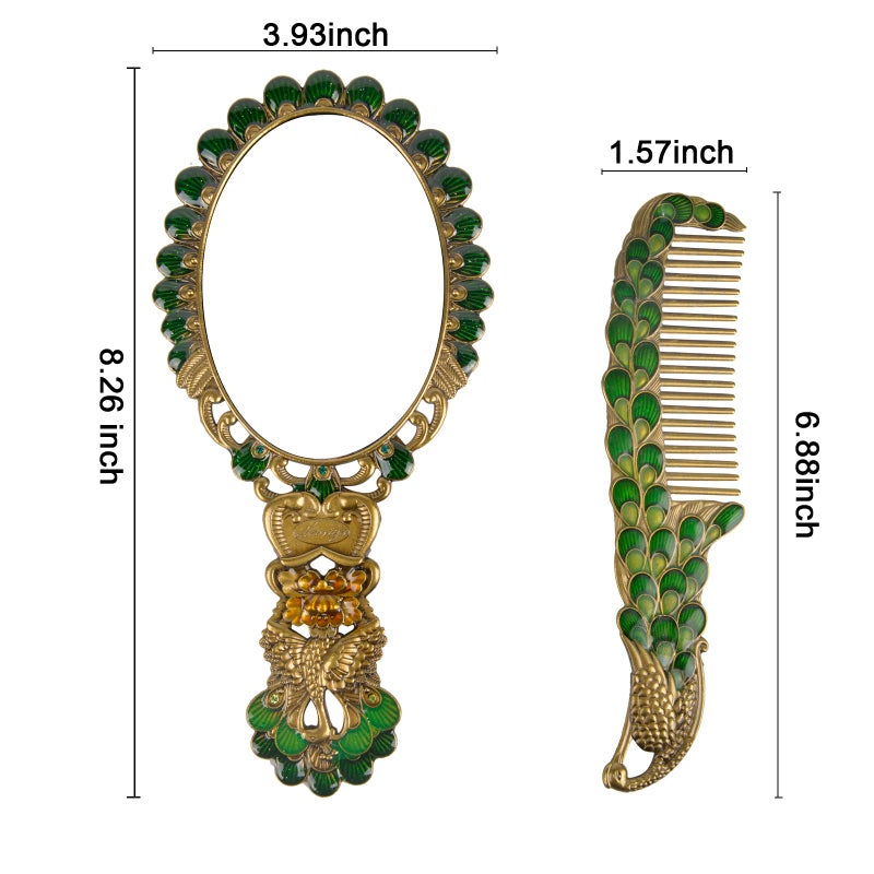 Nerien Vintage Antique Peacock Handheld Vanity Mirror with Comb, Metal Decorative Tabletop Stand, Travel Folding Handle Gift for Women, Bronze - Image 2