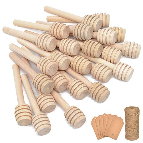 BNK 100Pcs 3 Inch Wood Honey Dipper Sticks with Natural Jute Twine & Kraft Paper Tags for Honey Jar Dispense Drizzle Honey Wedding Party Family by BNK - Image 1